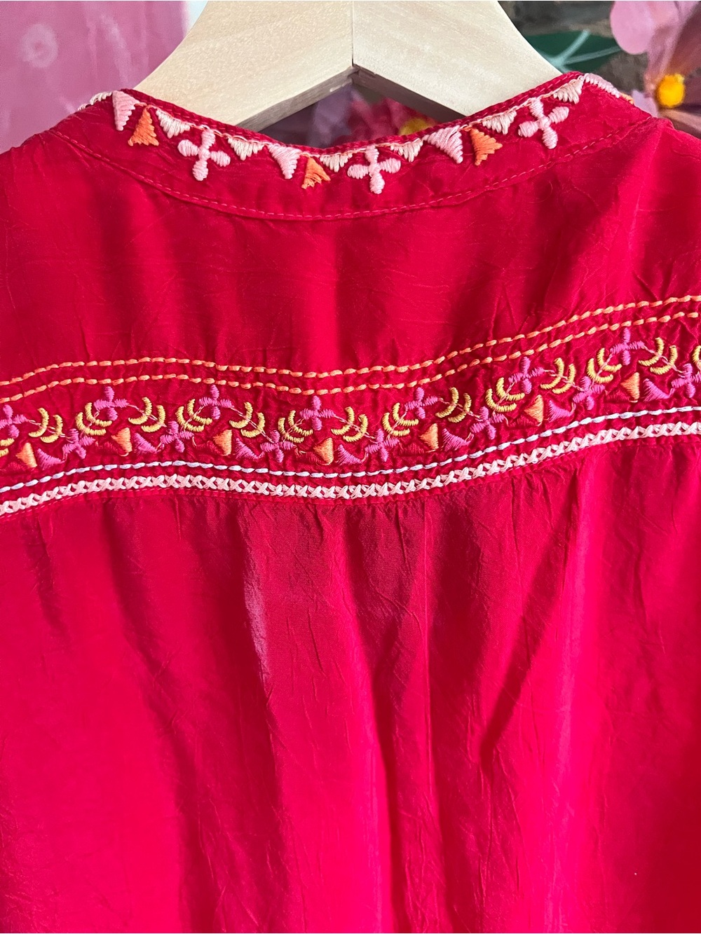 Johnny Was Red Embroidered Button Neck Tunic Blouse - Picture 10 of 13